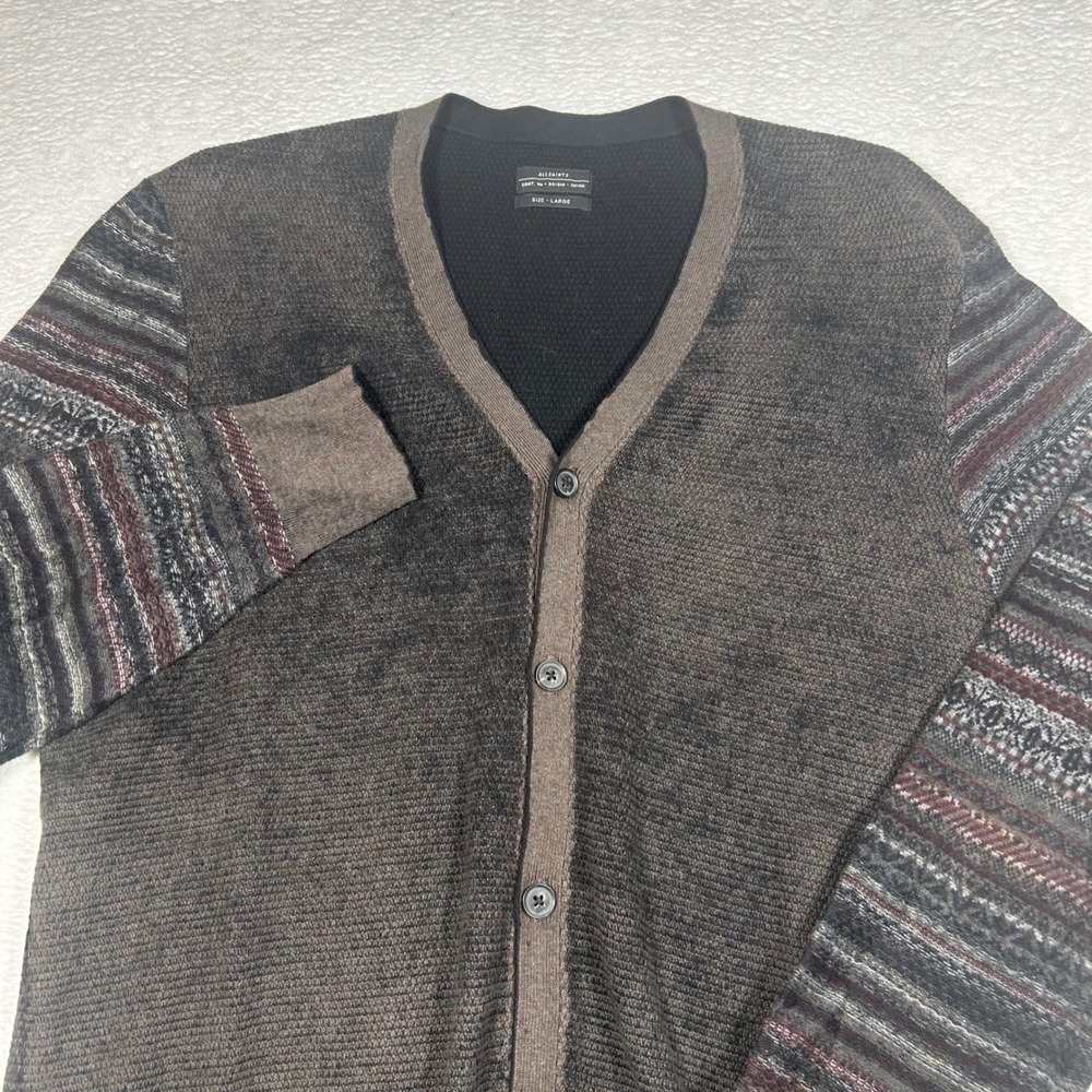 AllSaints Fynn Cardigan Sweater Fair Isle Sleeve Mens Large Brown Cotton MK017D